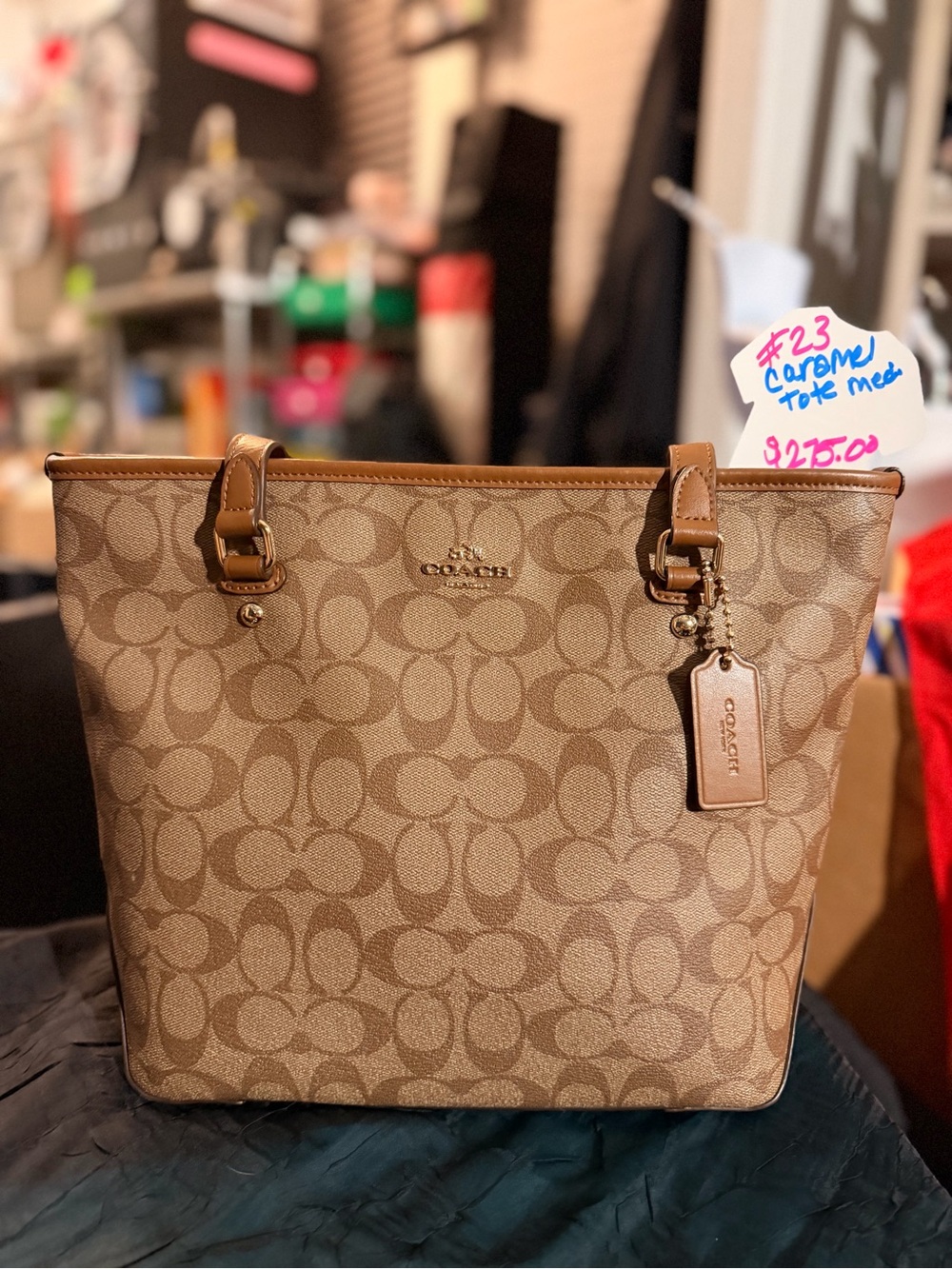 Coach Caramel Signature Canvas Tote with Leather Trim